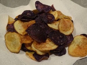 purple, white potato crisps