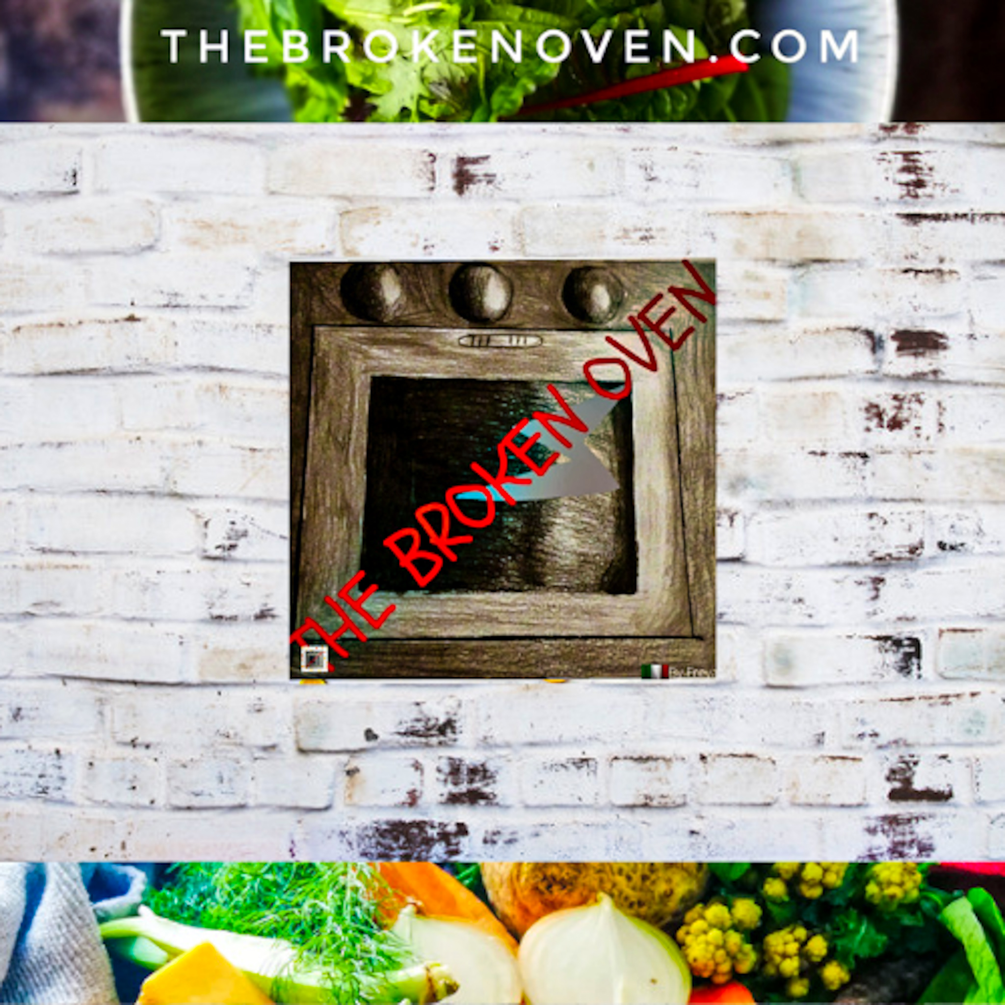 Logo, sketch of oven, food photography vegetable banner bottom, salad top banner, background white brick wall,